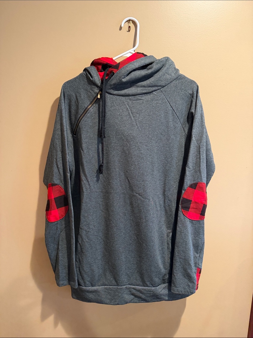 Women's Gray Hoodie with Red Plaid Accents - Cozy Pullover Hoodie